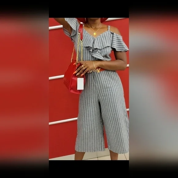 UMGEE - Gray & White Striped Cold-Shoulder Ruffle Jumpsuit - Picture 1 of 7